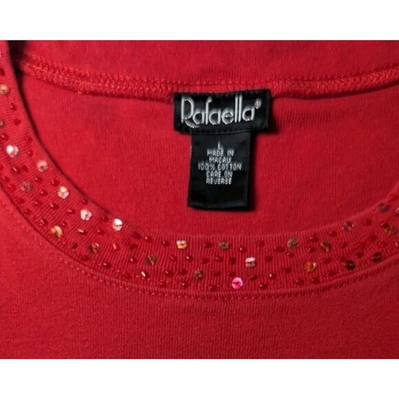 Rafaella Red Embellished Round Neck Cotton Stretch Top Sz Lg - Picture 4 of 7